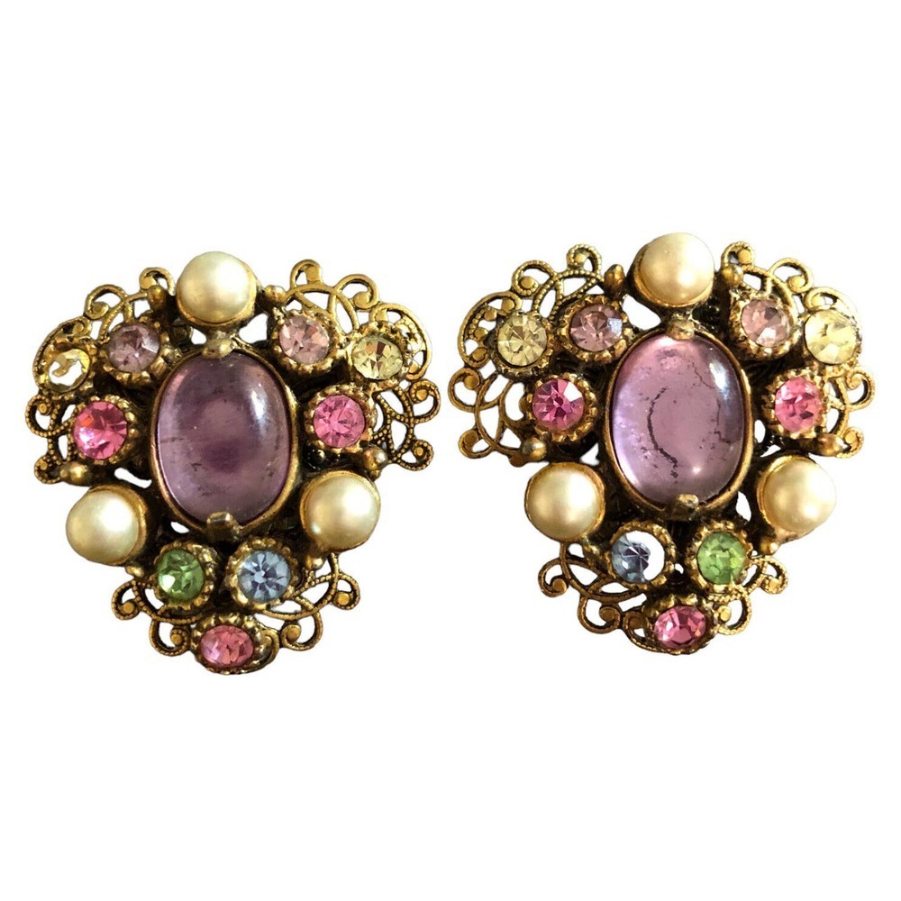 Selro Selini Corp Victorian Edwardian Purple Cab Pearl Filigree Clip On Earrings